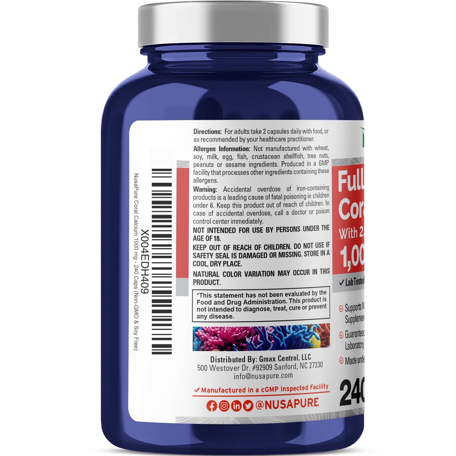 NusaPure Coral Calcium 1000 mg – 240 Caps (Non-GMO & Soy Free)