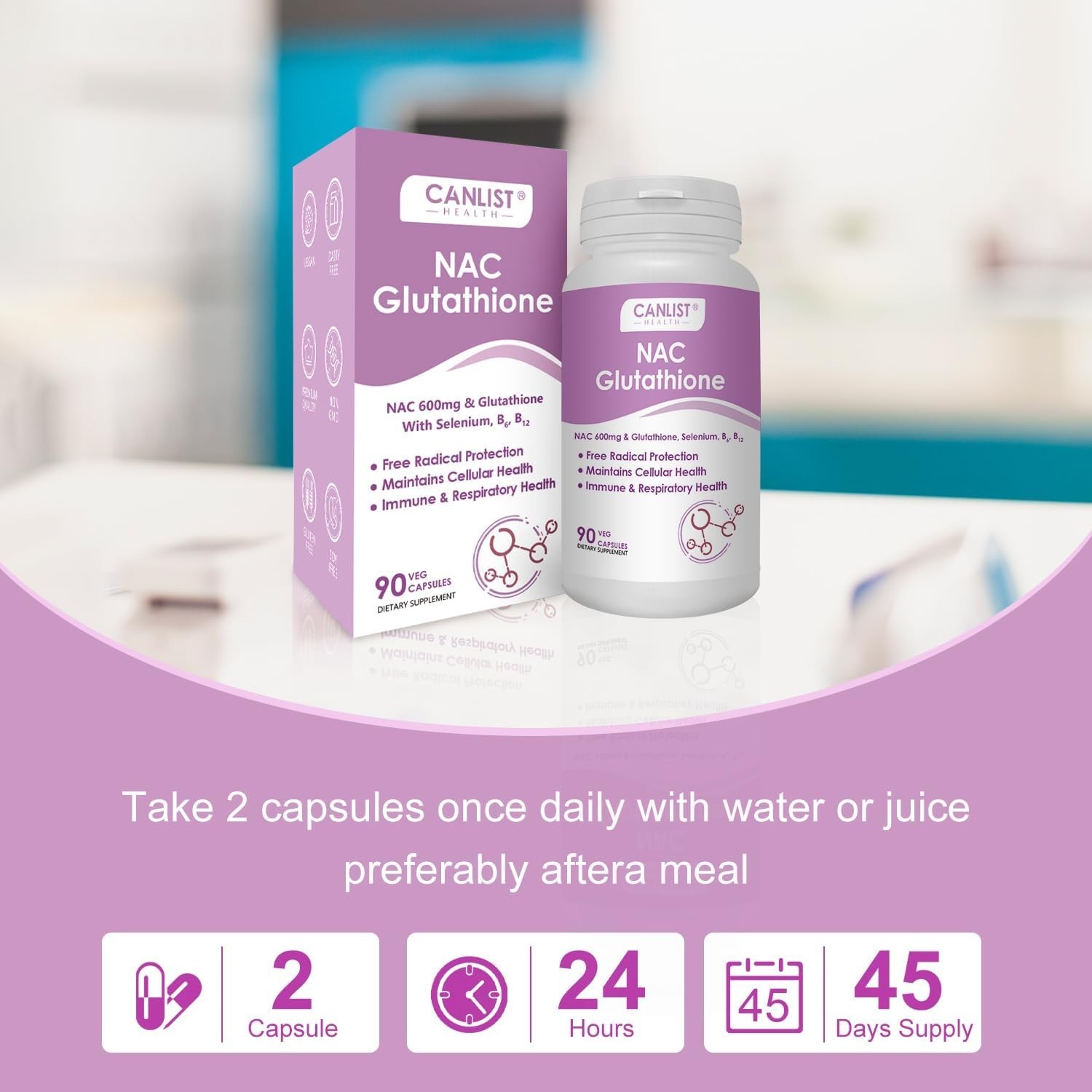 CANLIST NAC 600mg + Glutathione 400mg – Antioxidant, Liver & Immune Support 90ct