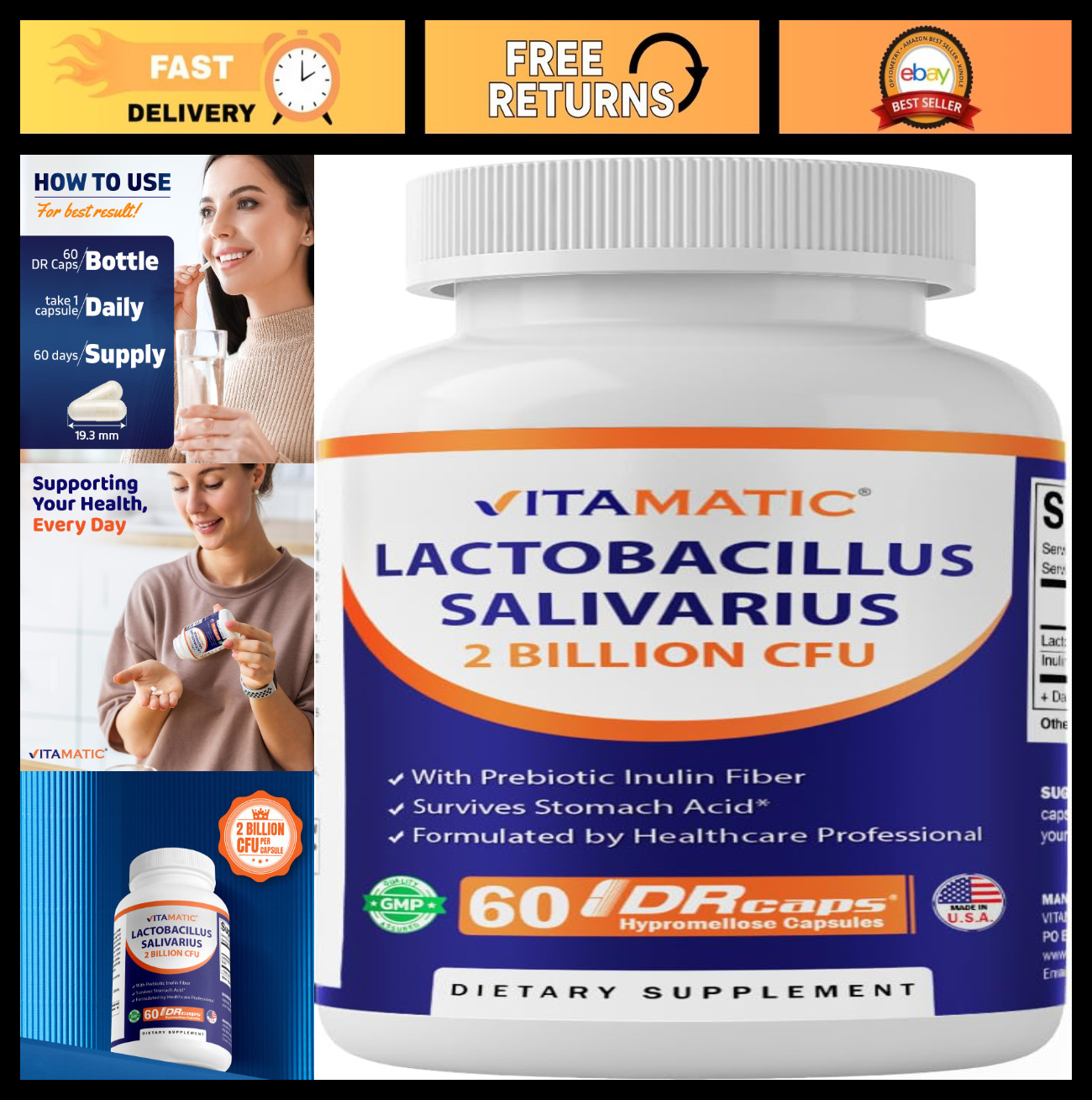 Lactobacillus Salivarius Probiotic Capsules 2 Billion CFU – 60 Count Digestive S