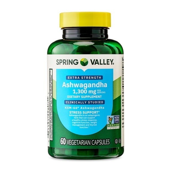 Spring Valley Extra Strength Ashwagandha Dietary Supplement, 1300 mg, 60 Vegetar