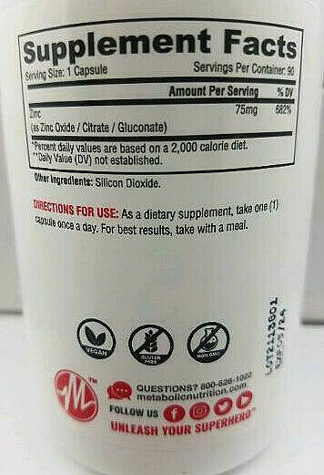 Zinc Complex Oxide Citrate Gluconate 90 Caps Immune Support Energy Antioxidant