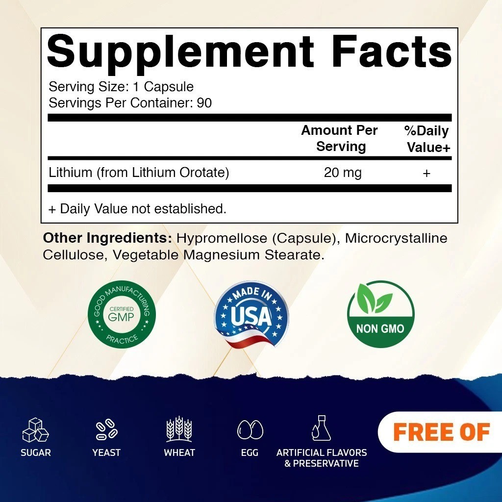 Lithium Orotate 20mg 90 Caps- Veggie Caps, Non-GMO, Gluten Free Vitamatic
