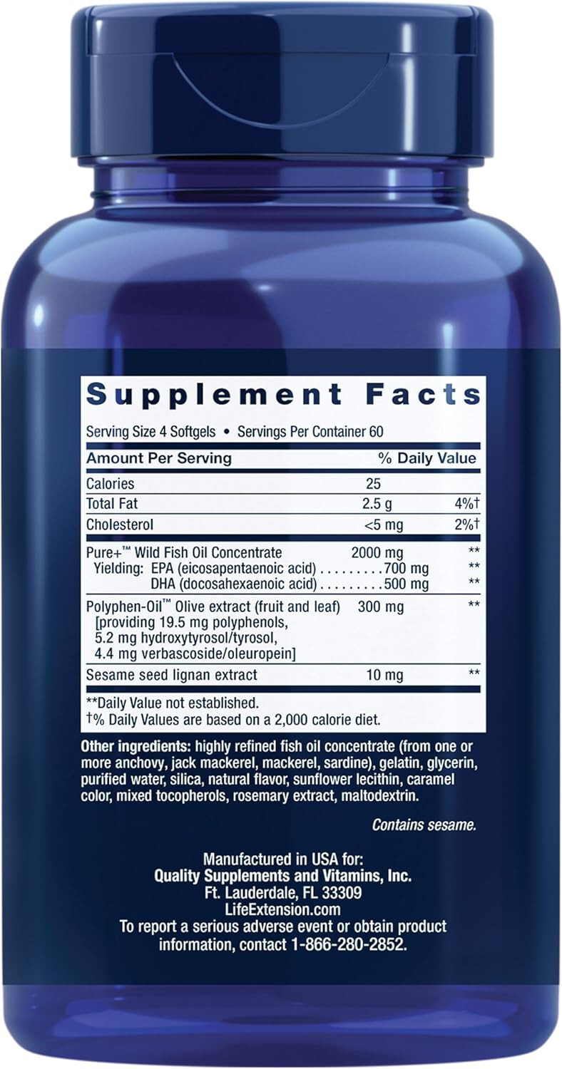 Life Extension Super Omega-3 EPA/DHA Fish Oil,Sesame Lignans&Olive Extract 240SG