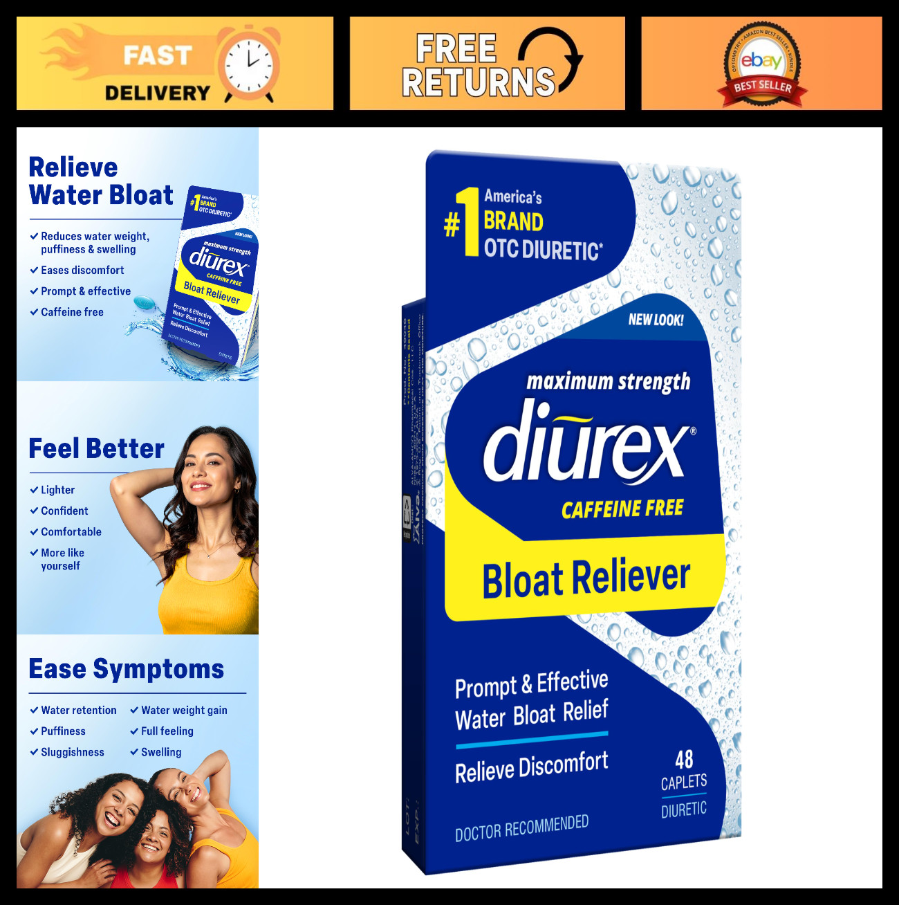 Caffeine-Free Bloat Relief Maximum Strength, 48 Count, Fast Water Retention Reli