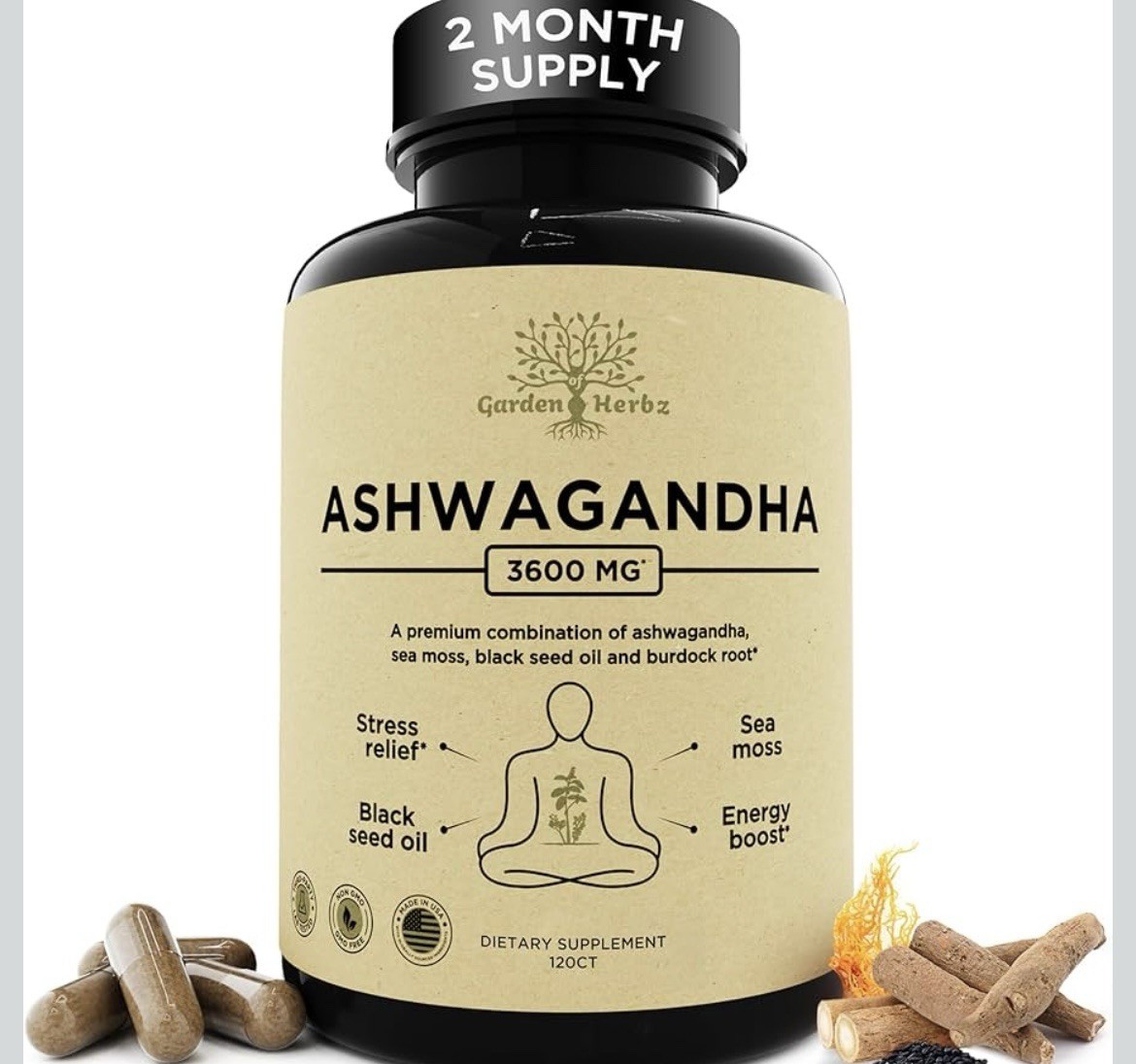 Garden of Herbz Ashwagandha Root Irish Sea Moss 120Caps 3600mg Sealed Exp 1/2029