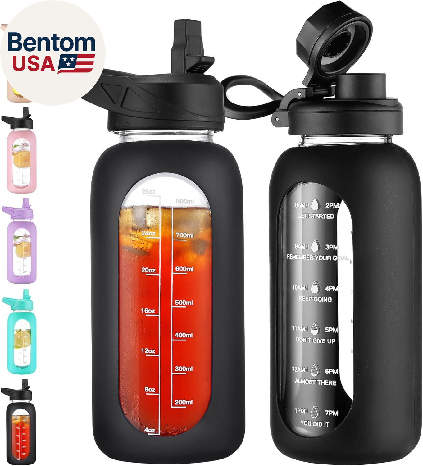 32 Oz with Straw and Handle, Large Sports Motivational Water Bottle Flask with