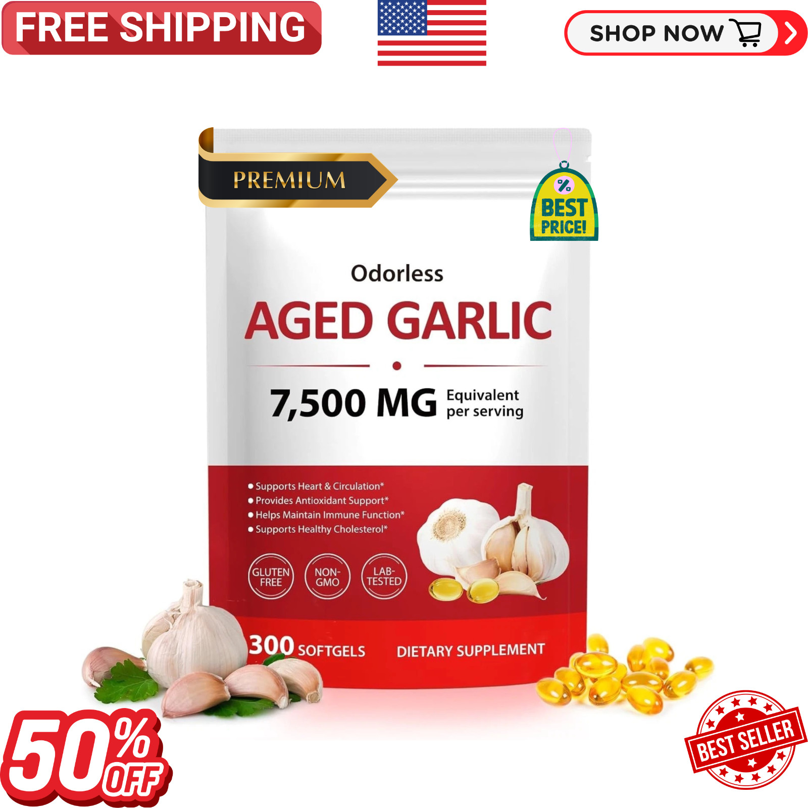 1 PACK Elare Aged Garlic Extract, 300 Softgels, 7500mg Odorless | Heart & Immune