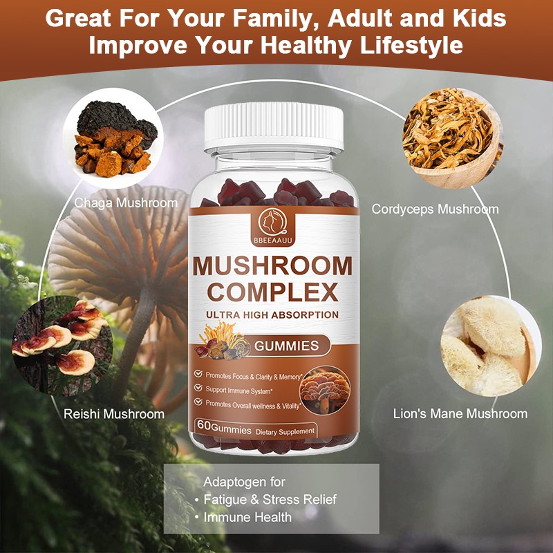 Mushroom Extract Complex Gummies Lions Mane Chaga Reishi Focus Memory Immunity
