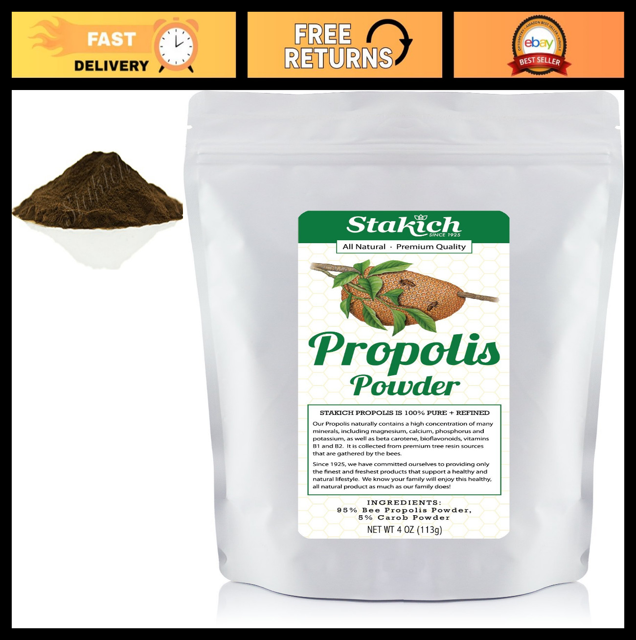 Natural Bee Propolis Powder – 4 oz – Raw, Organic, Immune Support Supplement
