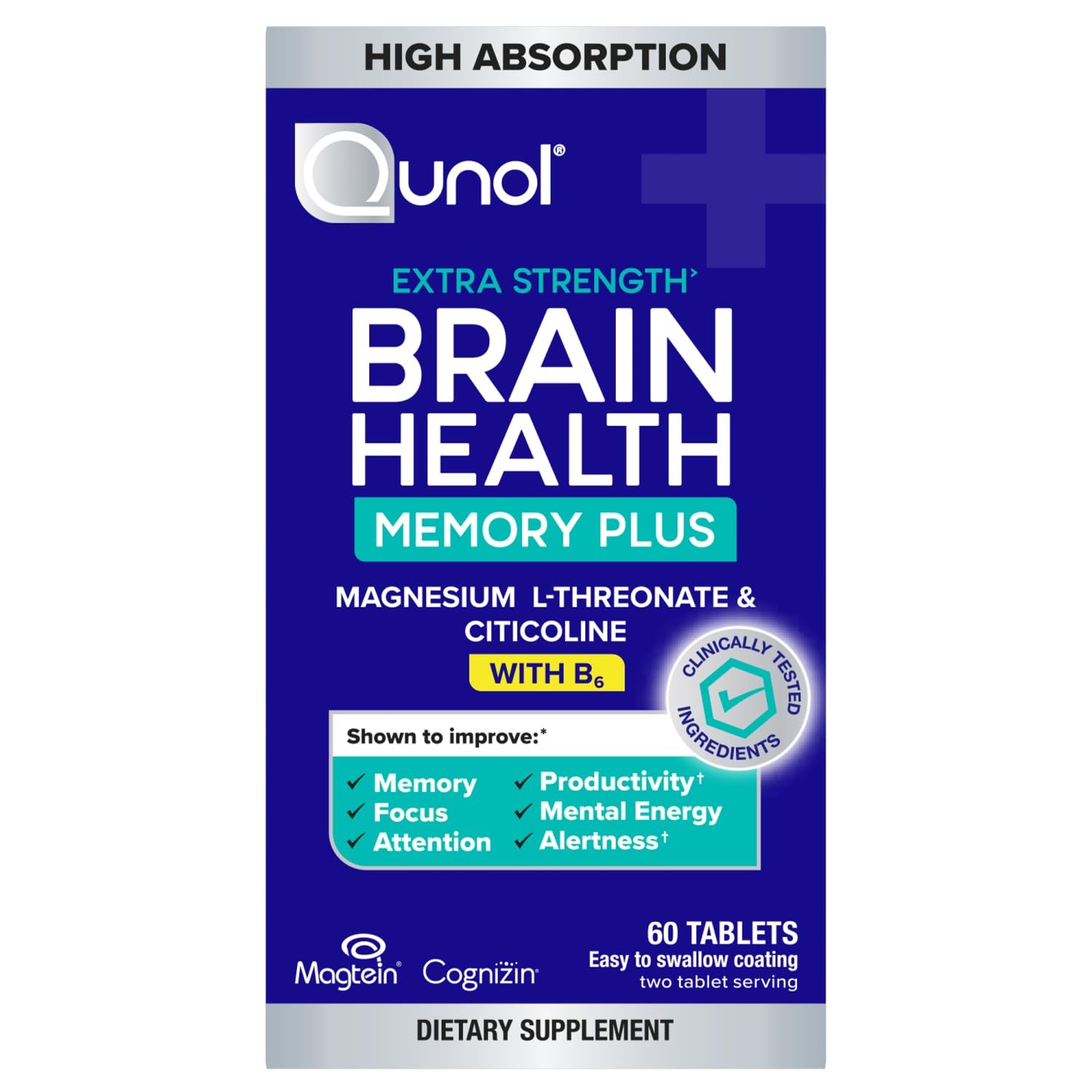 Qunol Brain Health Memory Plus with B6, Magnesium 60 Count (Pack of 1)