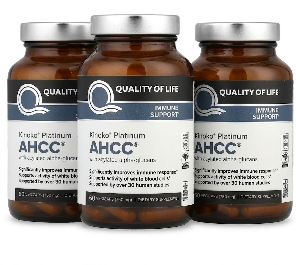 3 Pack Quality of Life Labs Kinoko Platinum AHCC 750 mg – 60 Capsules Each