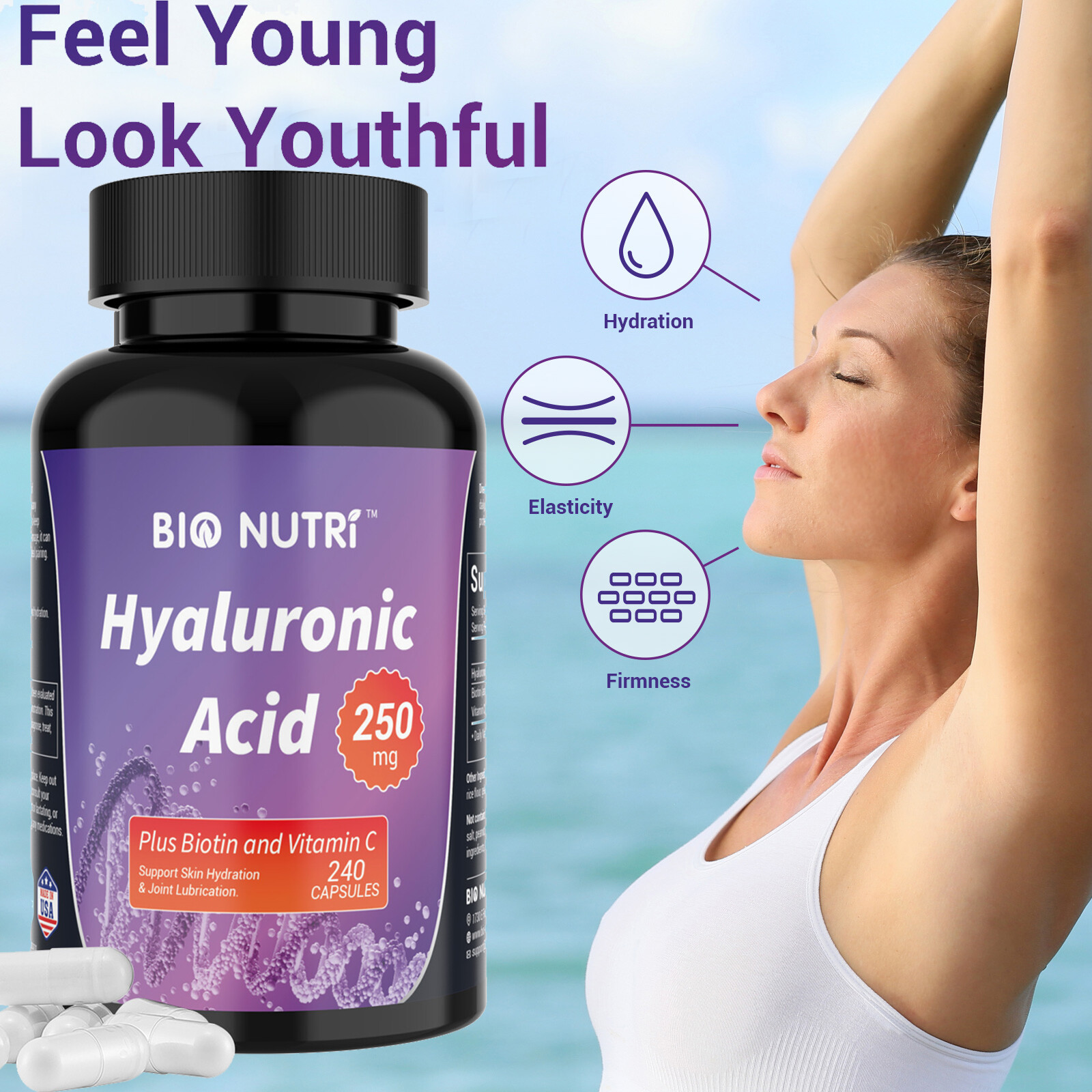 Hyaluronic Acid Supplement Joints Support Skin Health 250mg|240 Capsules Vitamin