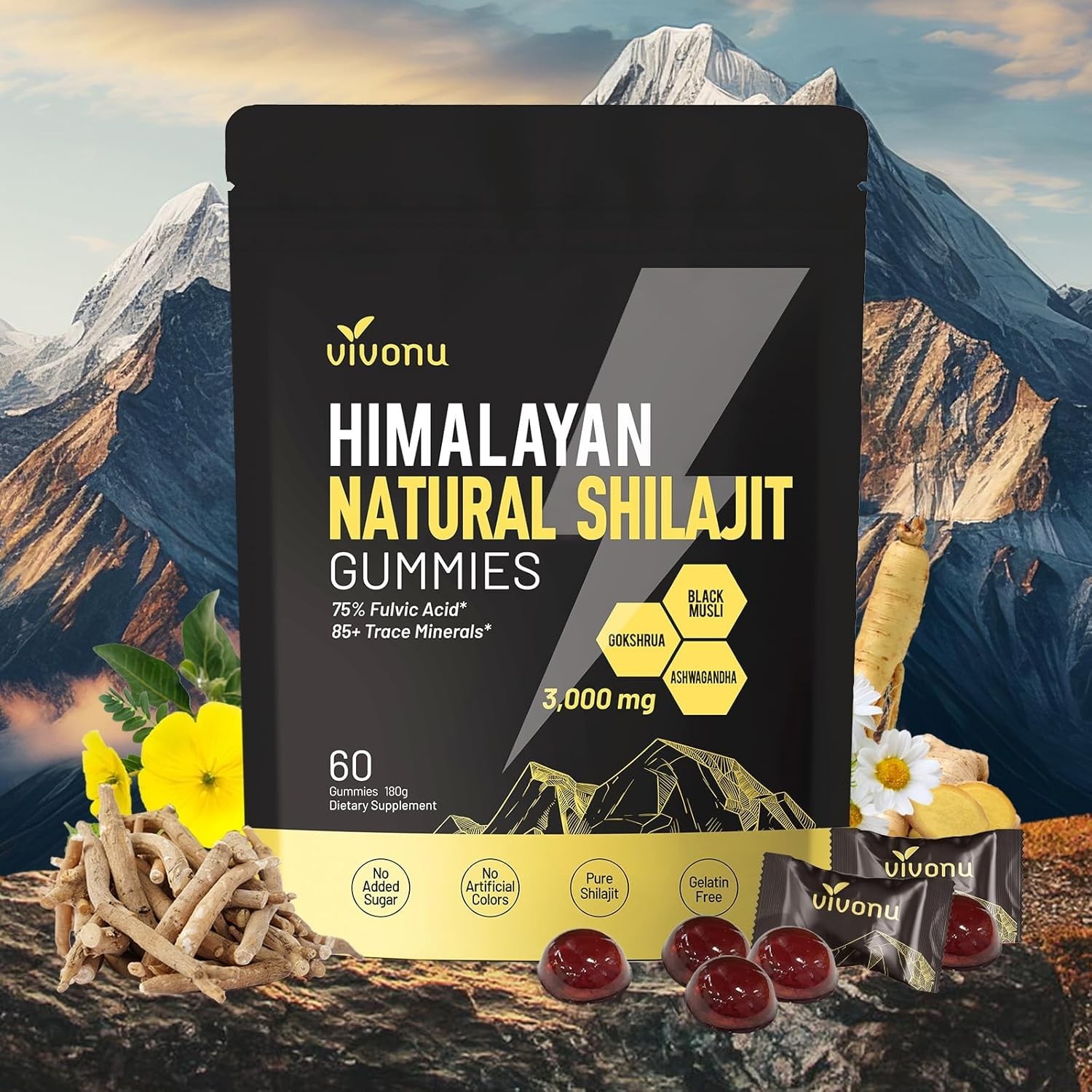 VivoNu Himalayan Shilajit Gummies 3000mg, Ashwagandha, Fulvic Acid, 60 Count