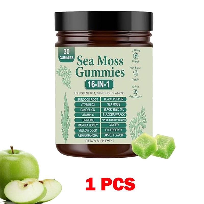 5PC 16 in 1 Organic Sea Moss Gummy | Irishmoss Extract | Green Apple Flavor USA