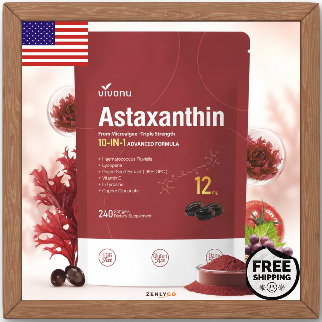 Astaxanthin 12mg 240 Softgels, 4 Month Supply,Triple Strength,Non-GMO,Eye Health
