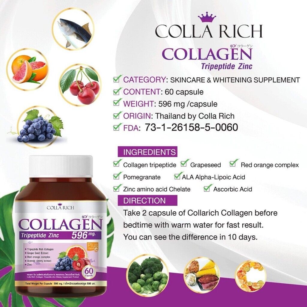 1pc Colla Rich Supplements Collagen Tripeptide Zinc Healthy Body Skin Anti Aging