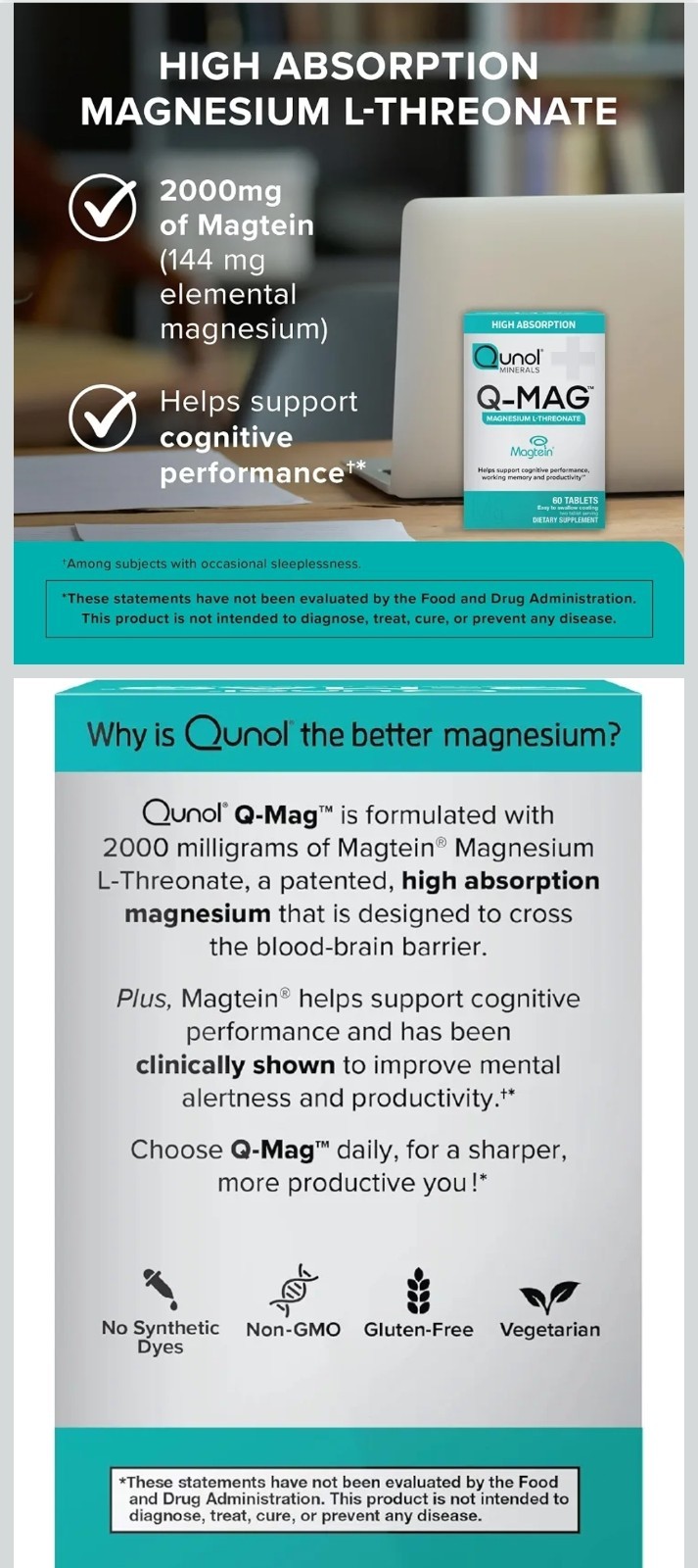 Qunol Q-Mag Magtein Magnesium L-Threonate Tablets 60 Gluten-Free Non-GMO
