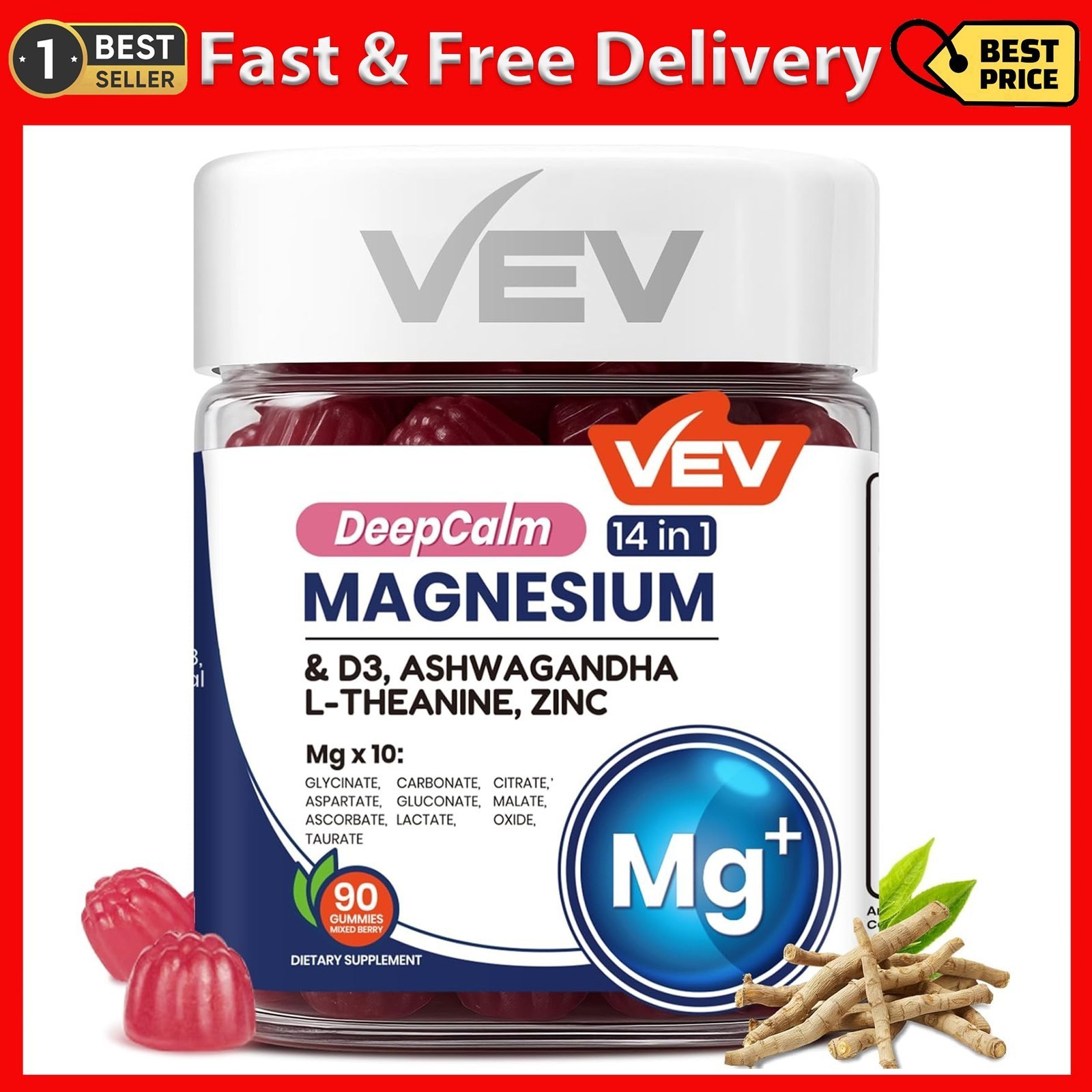VEV Deep Calm Magnesium Complex 14-in-1 Gummies 90 Count For Women Men