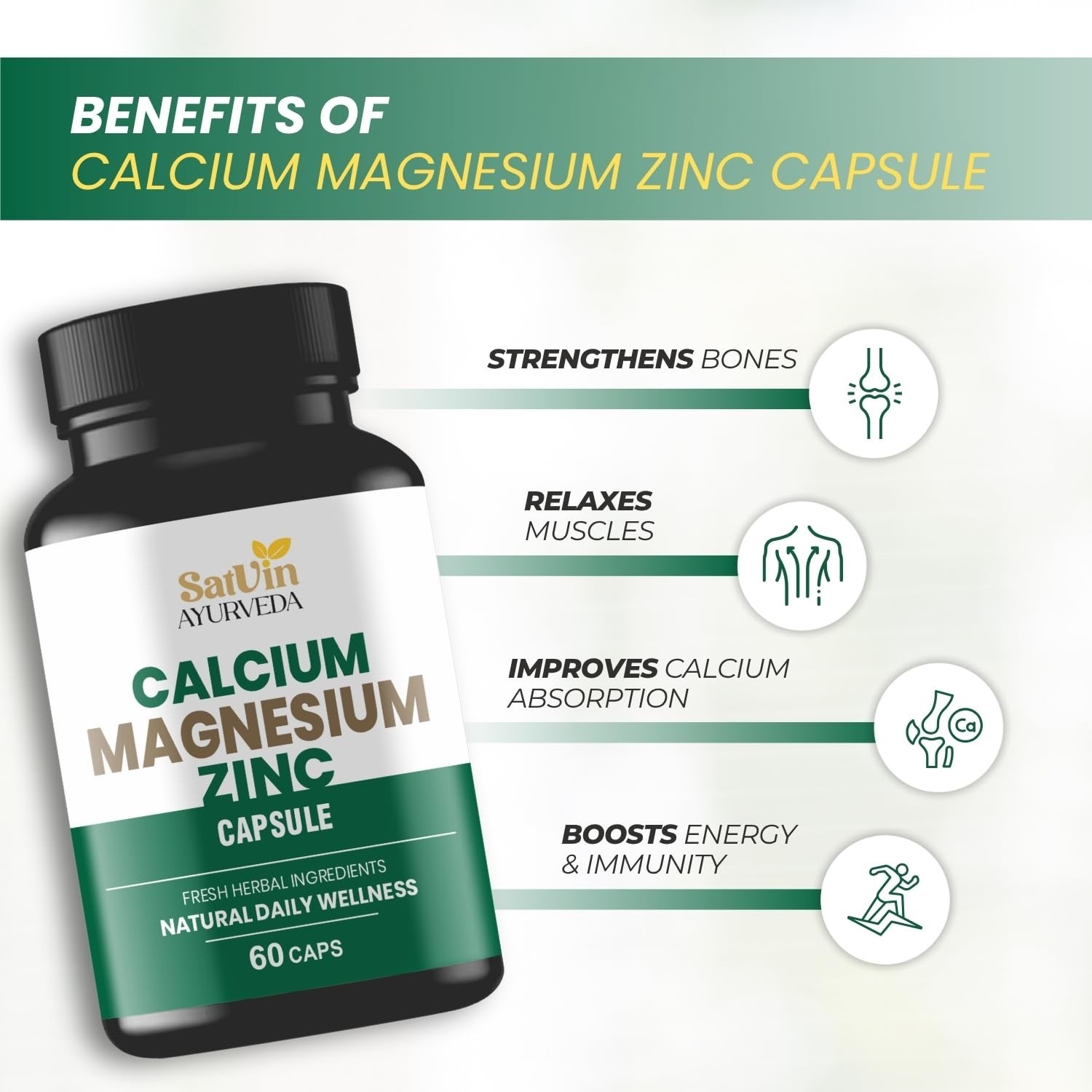 SAT.VIN AYURVEDA Calcium Magnesium Zinc 300 Veg Caps