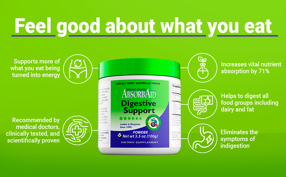 AbsorbAid 100g Powder -Natural Digestive Enzymes for gas, bloating & acid reflux