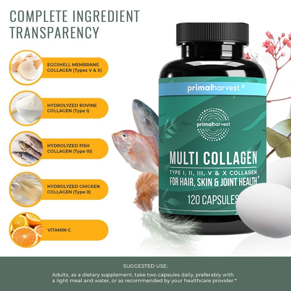 Primal Harvest Multi Collagen 120 Capsules (I, II, III, V, X) Supplement…