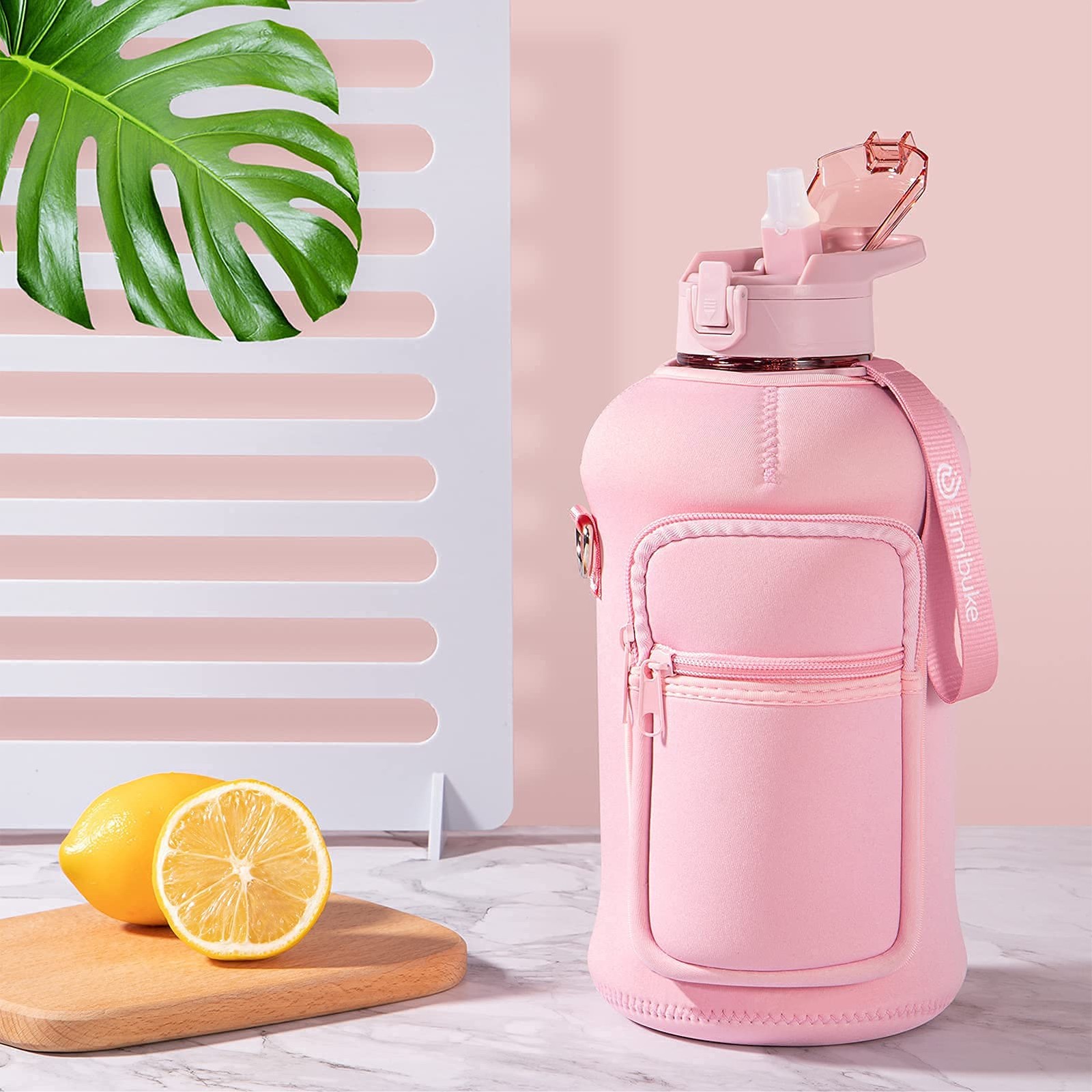 Fimibuke Half Gallon Water Bottle with Sleeve 64 OZ B2.Rose Pink