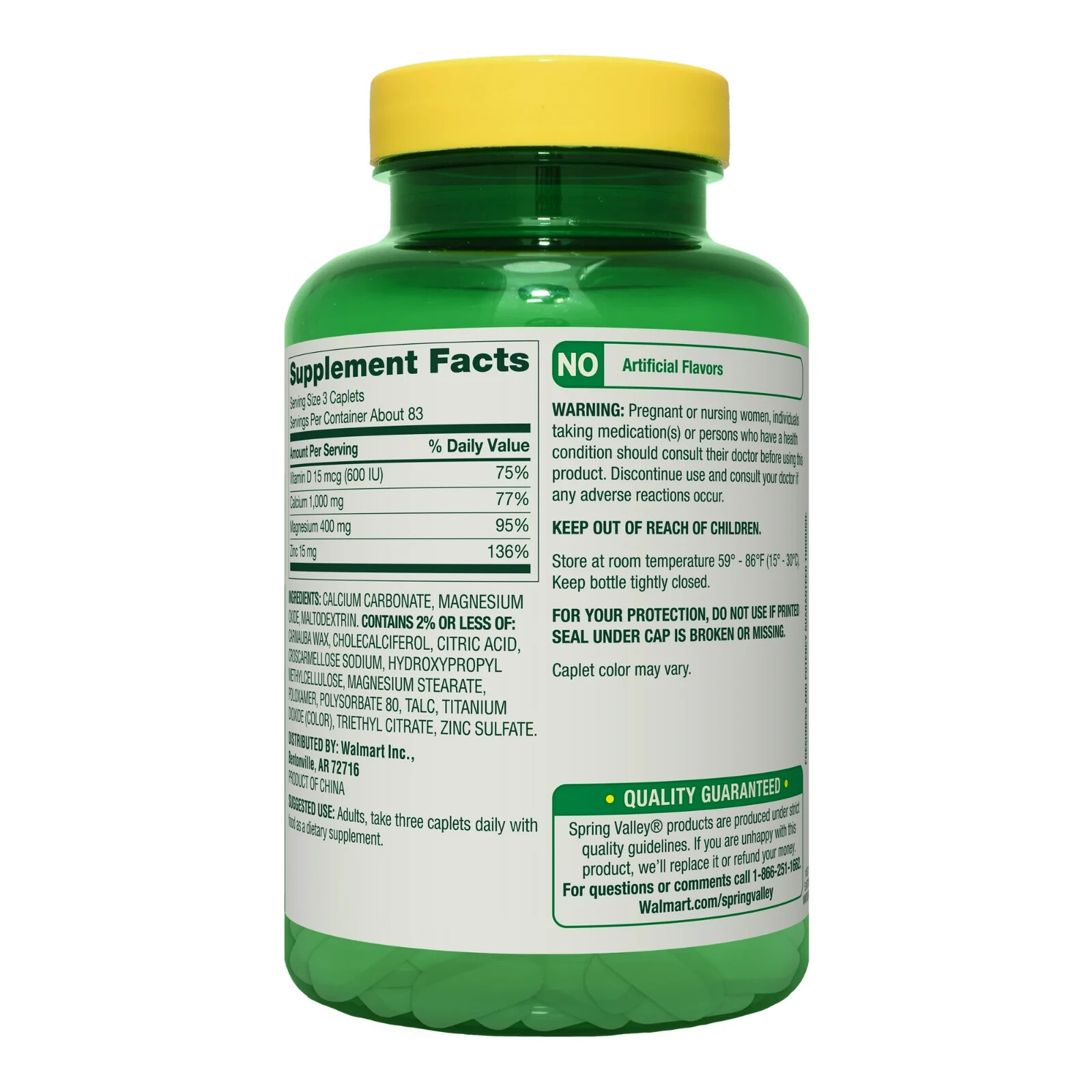 Spring Valley Calcium Magnesium and Zinc Dietary Supplement – 250 Caplets