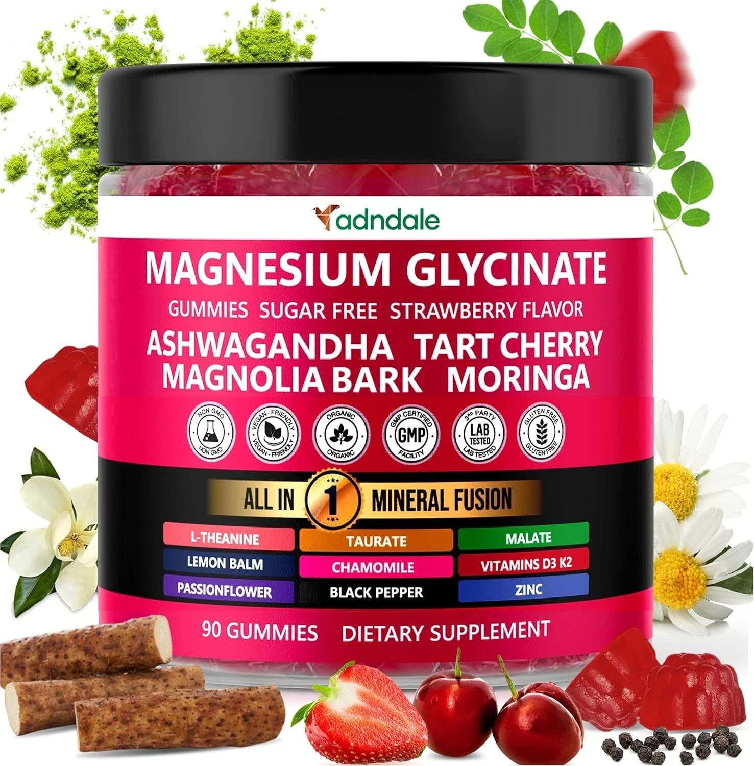 Adndale Magnesium Glycinate Gummies 90ct with Ashwagandha D3 K2 Zinc Sleep