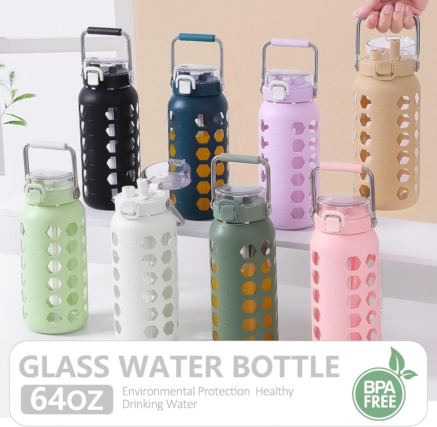 MUKOKO 64oz Glass Water Bottles with Straw and Lid,Half 64 Ounces, Blue