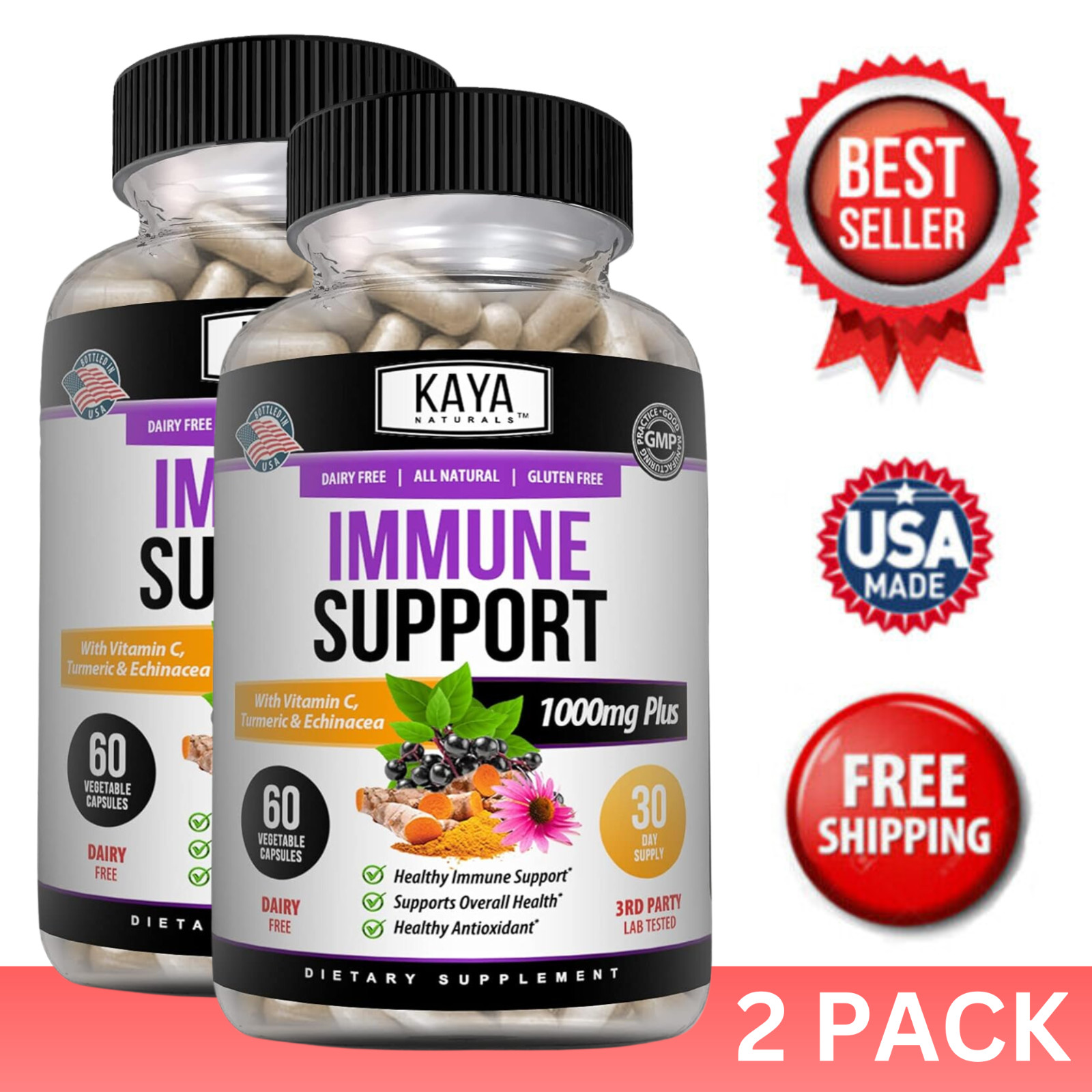 (2 Pack) Immune System Booster, Elderberry, Zinc, Probiotics, Echinacea, Garlic