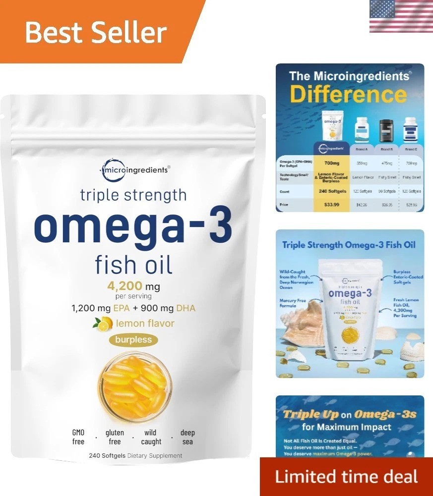 240 Non-GMO Omega 3 Fish Oil Softgels – Triple Strength, Burpless & Gluten-Free