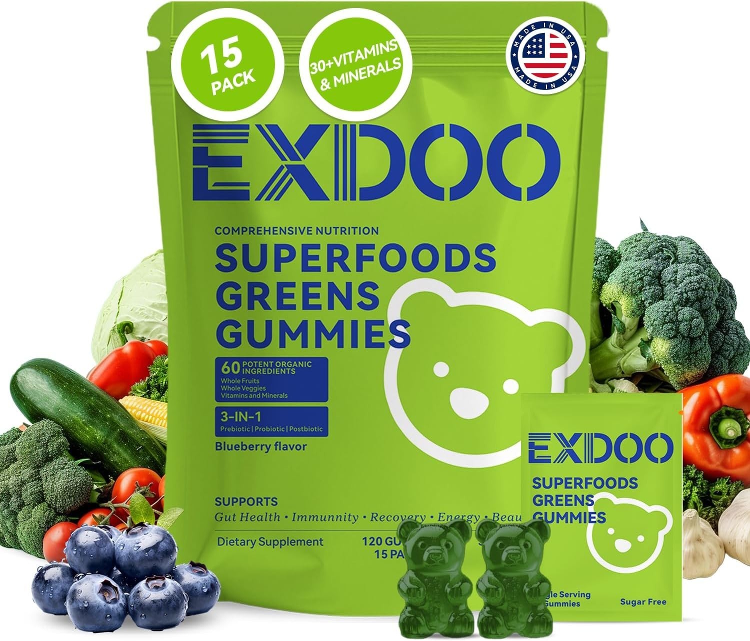 EXDOO Super Greens Fiber Gummies – Probiotic Prebiotic Postbiotic – 15 Packs