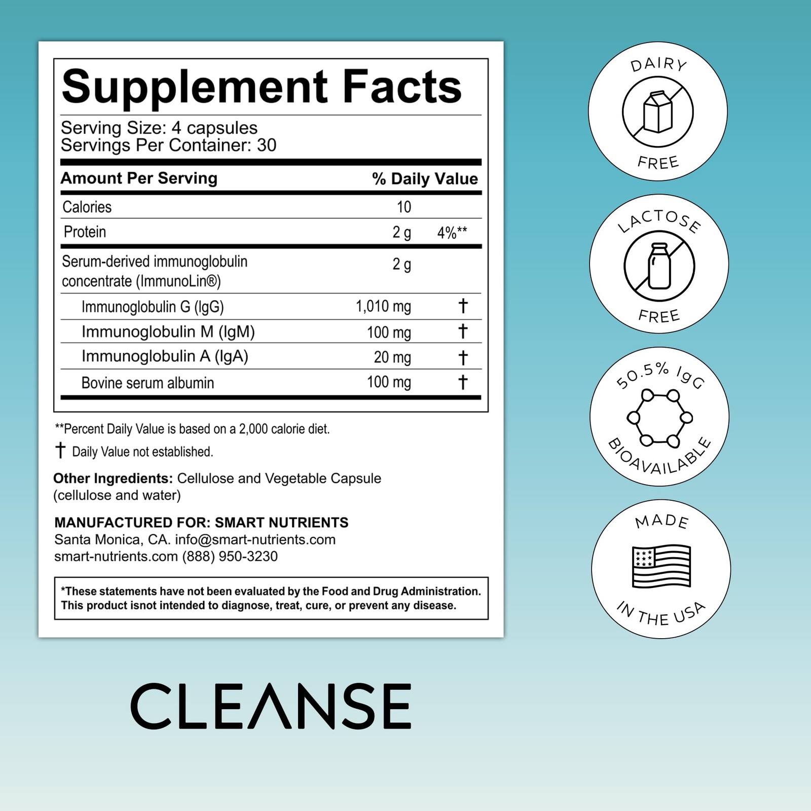 CLEANSE | IgG Dairy-Free Colostrum | 50.5% Potent 120 Count (Pack of 1)
