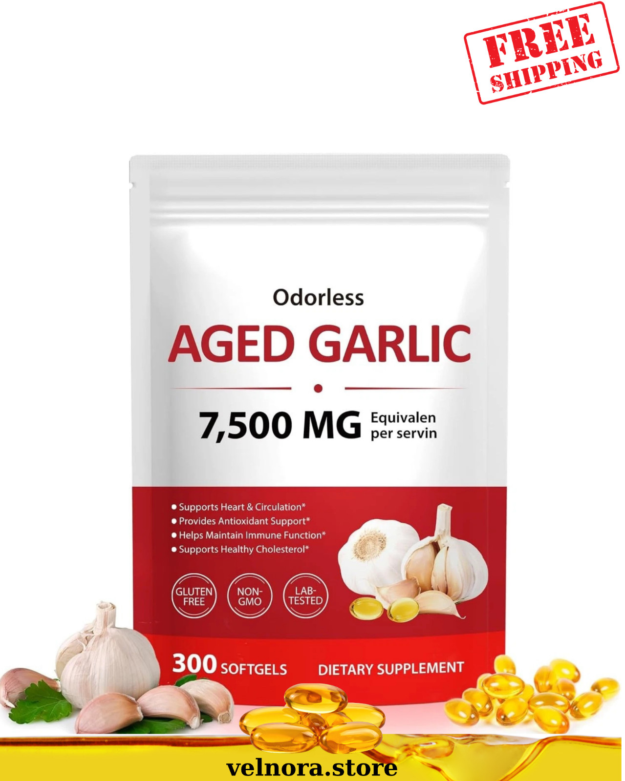 Odorless Garlic 7500Mg per Servings, 300 Softgels | 2 Years Aged Garlic Extra…