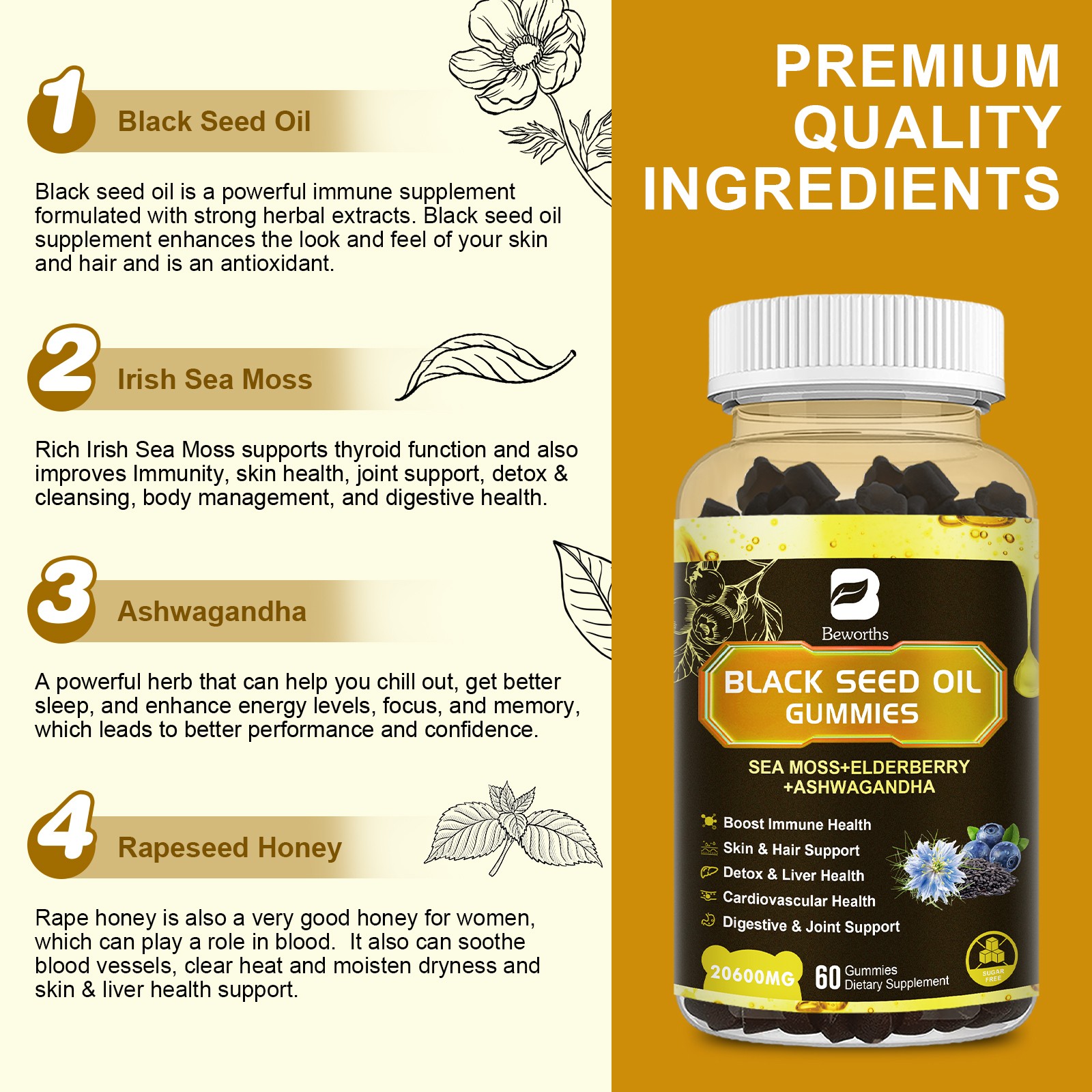Black Seed Oil Gummies with Honey for Immune Joints, Digestion, Hair & Skin