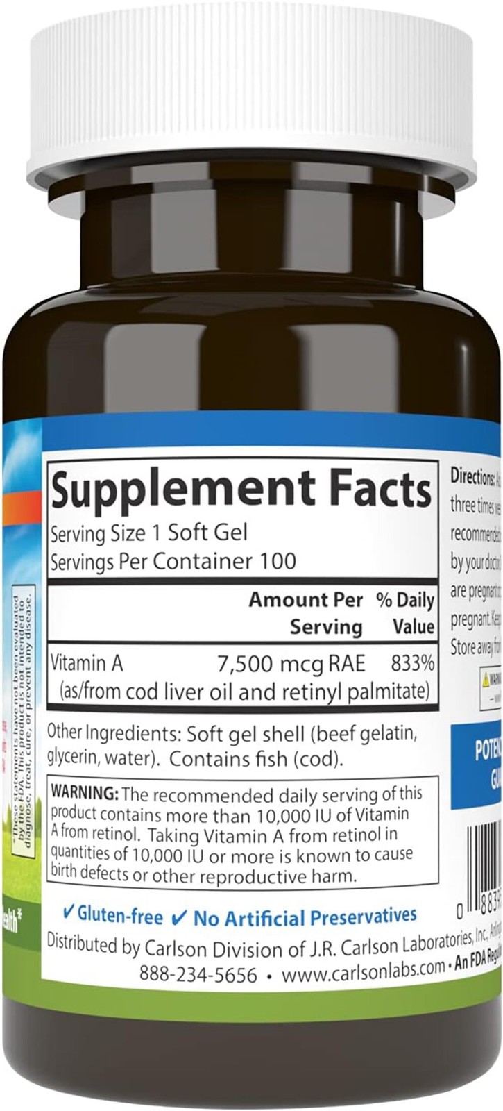 Carlson – Vitamin A 25000 IU, Vision, Skin Health, Immune Function, 100 Softgels