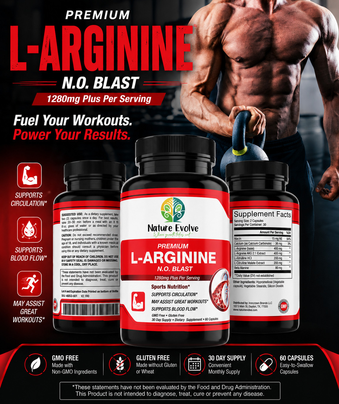 Nature Evolve Premium L-Arginine N.O. Blast 1280mg+ 60 Capsules Made in USA