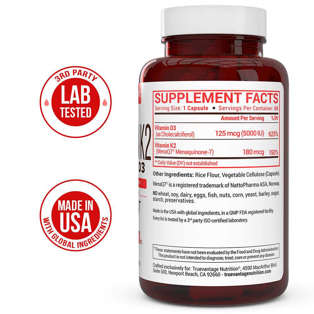 Vitamin K2 180 MCG with D3 5000 IU Supplement for Heart and Bone Health