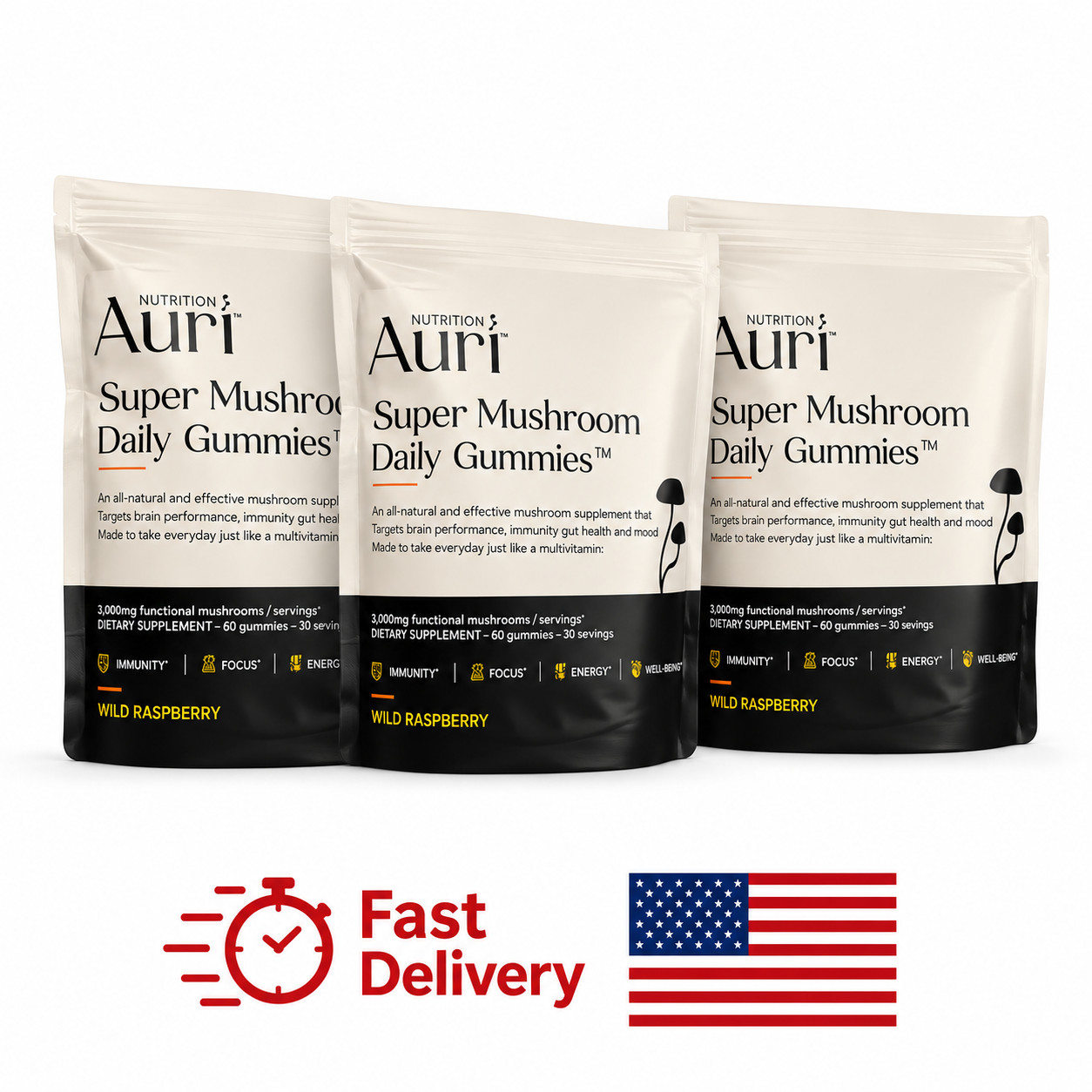 3 pack Auri Nutrition Super Mushroom Daily Gummies All-in One Functional 60 Gumy