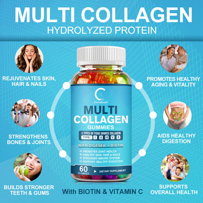 Collagen Peptides Types I, II, III, V, X 3000mcg Gummies Anti-Aging Skin Health