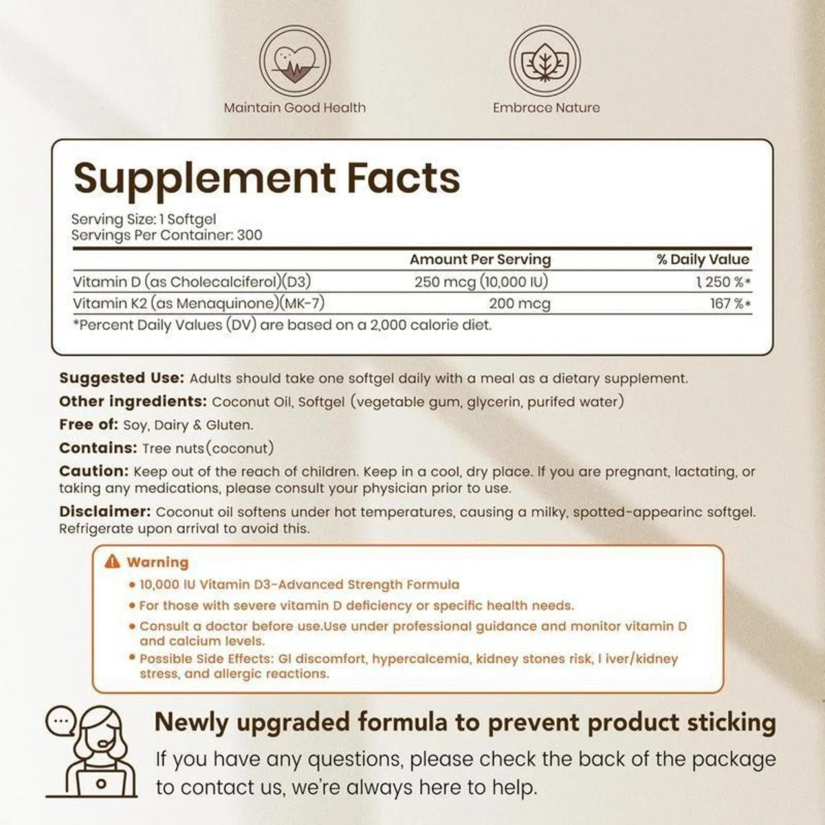 VEV Vitamin D3 10,000 IU & K2 200 mcg Softgels with Coconut Oil – 300 Count