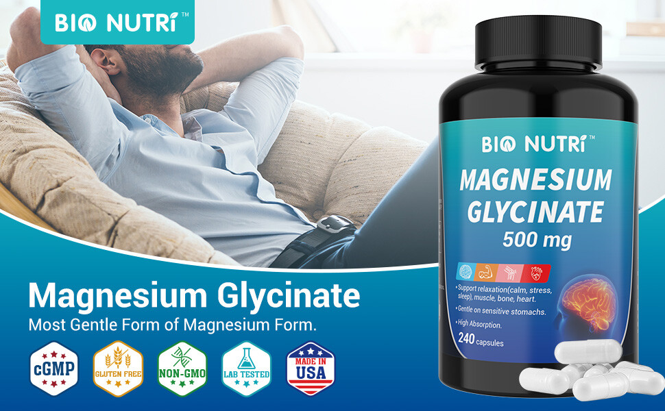 Magnesium Glycinate Supplement 500 mg Muscle Cramps, Sleep, Relax – 240Caps USA