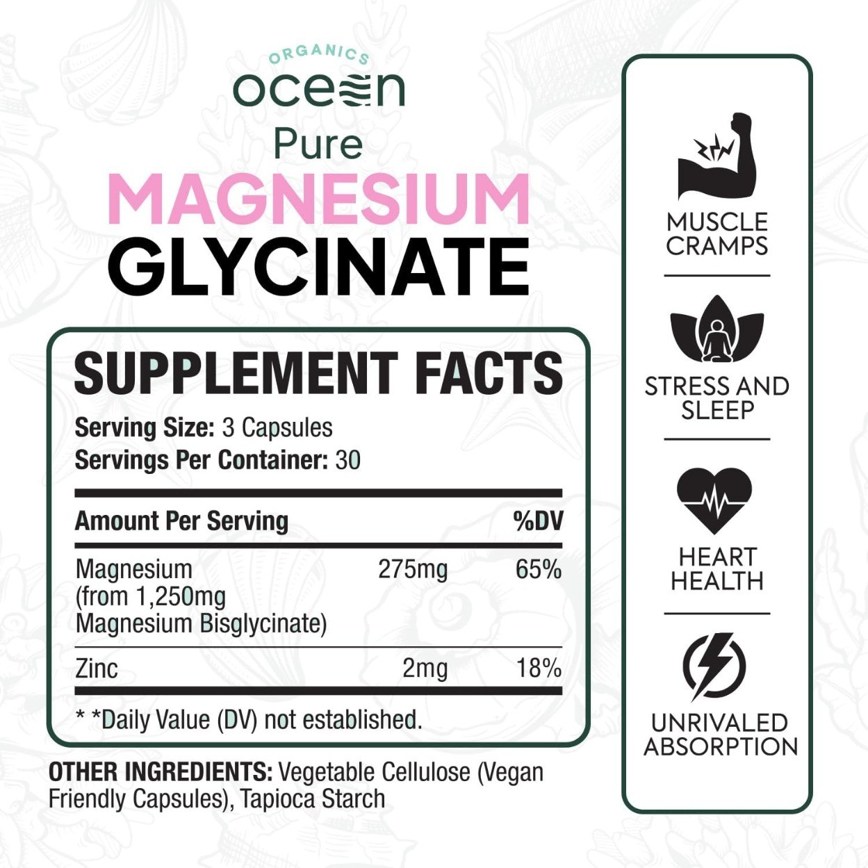 Organics Ocean Pure Magnesium Glycinate Zinc for Muscle Cramps Sleep Support
