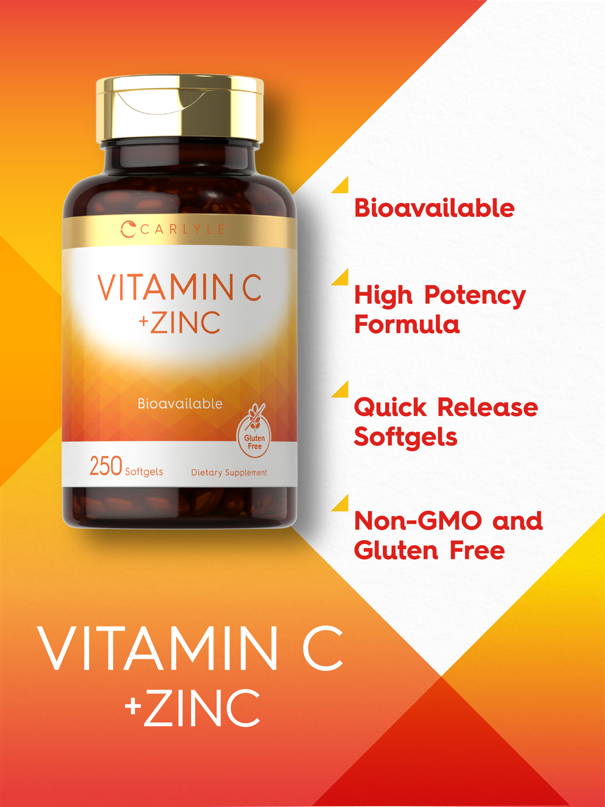 Vitamin C with Zinc | 280mg | 250 Softgels | Non-GMO, Gluten Free | by Carlyle