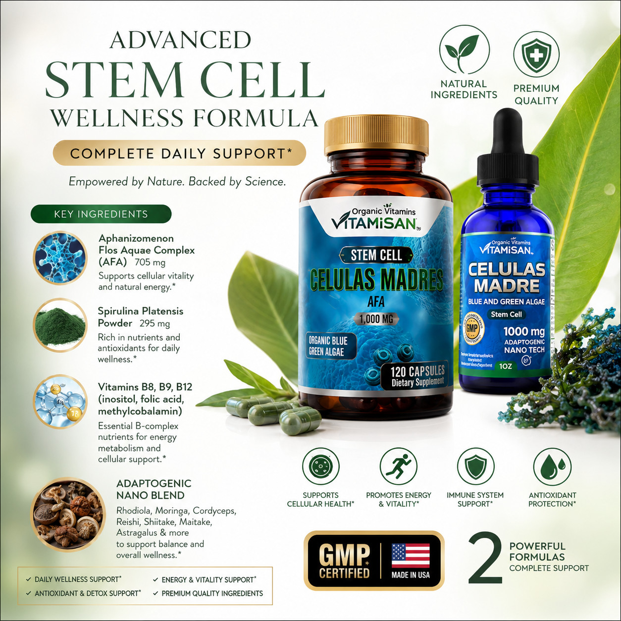 Celulas Madres Stem Cell 2 Pack Blue Green Algae AFA Spirulina Drops Caps Inmune