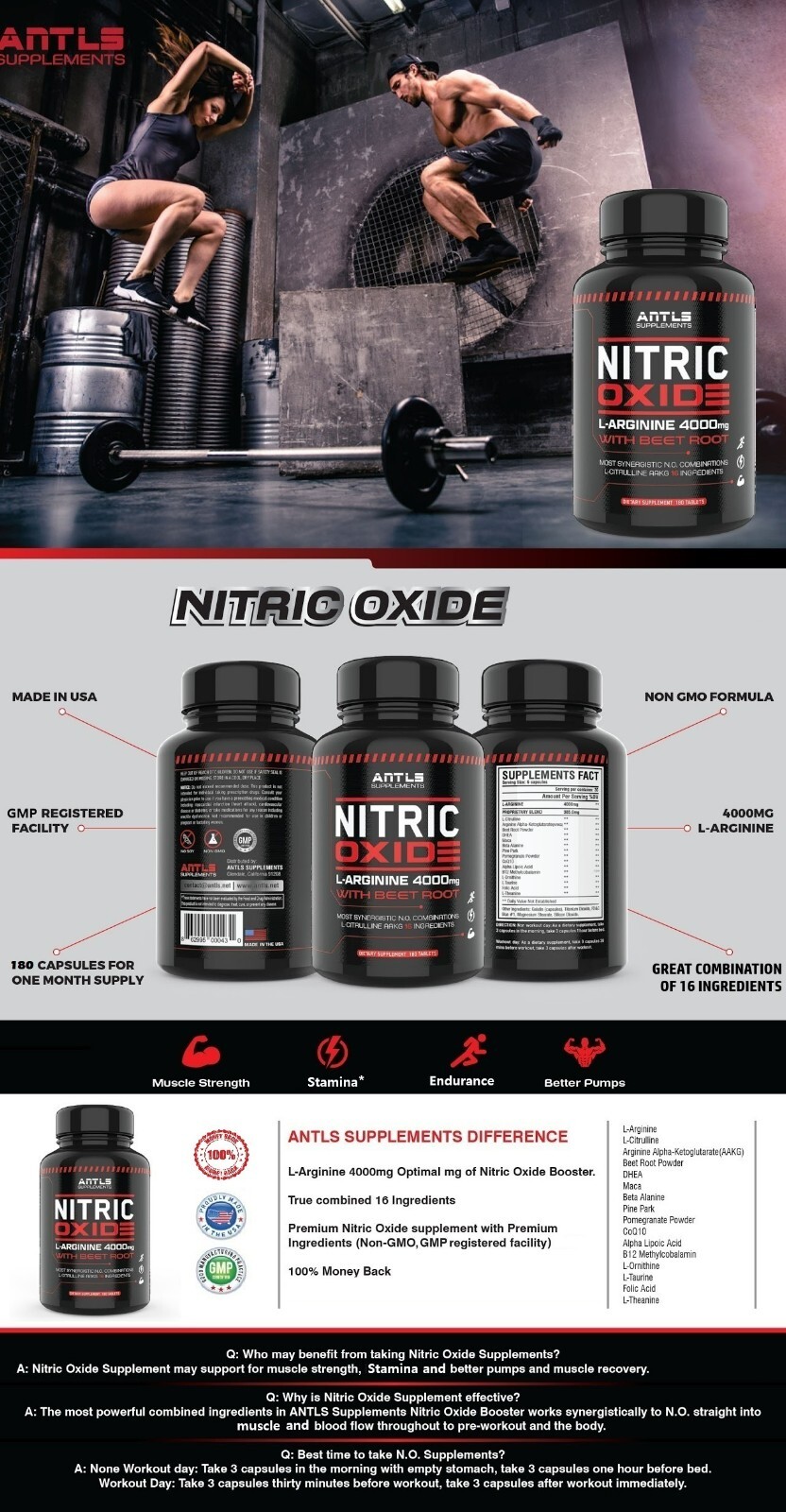 Nitric Oxide L-Arginine Pre Workout+Testosterone Booster,Multivitamin Men,Test