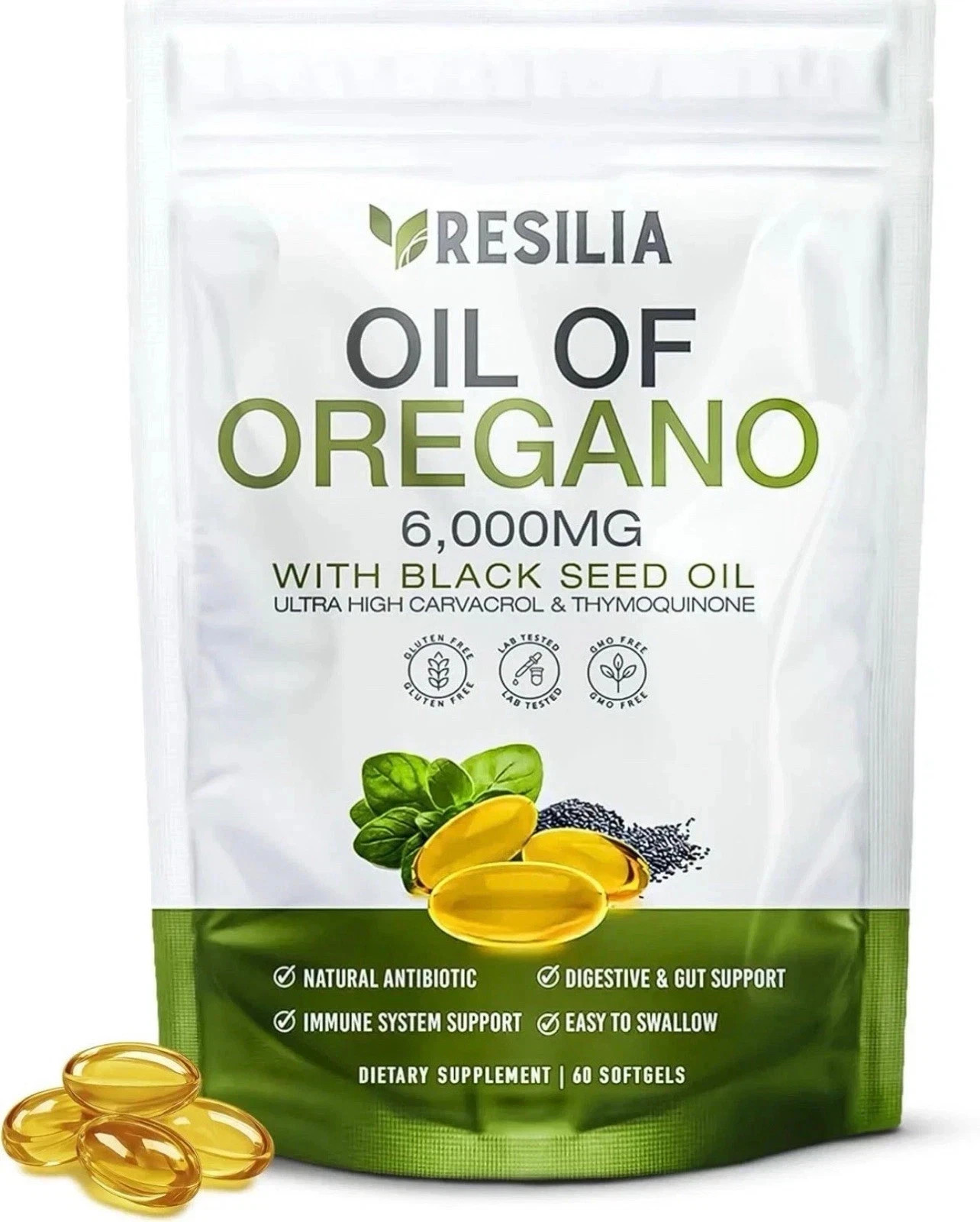 Resilia Oil of Oregano 6000mg with Black Seed Oil 60 Softgels Immune Support