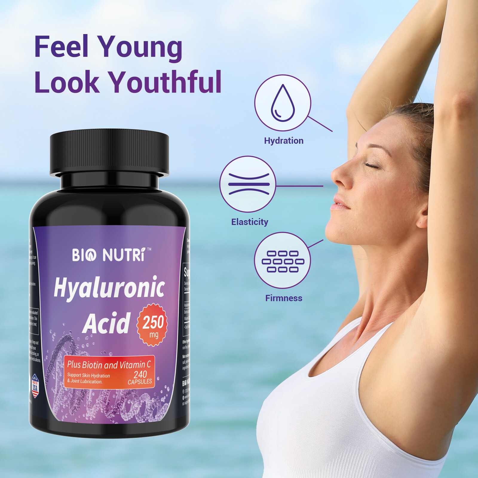 Hyaluronic Acid Supplements + Vitamin C Biotin 240 Capsules 250mg Skin Hydration