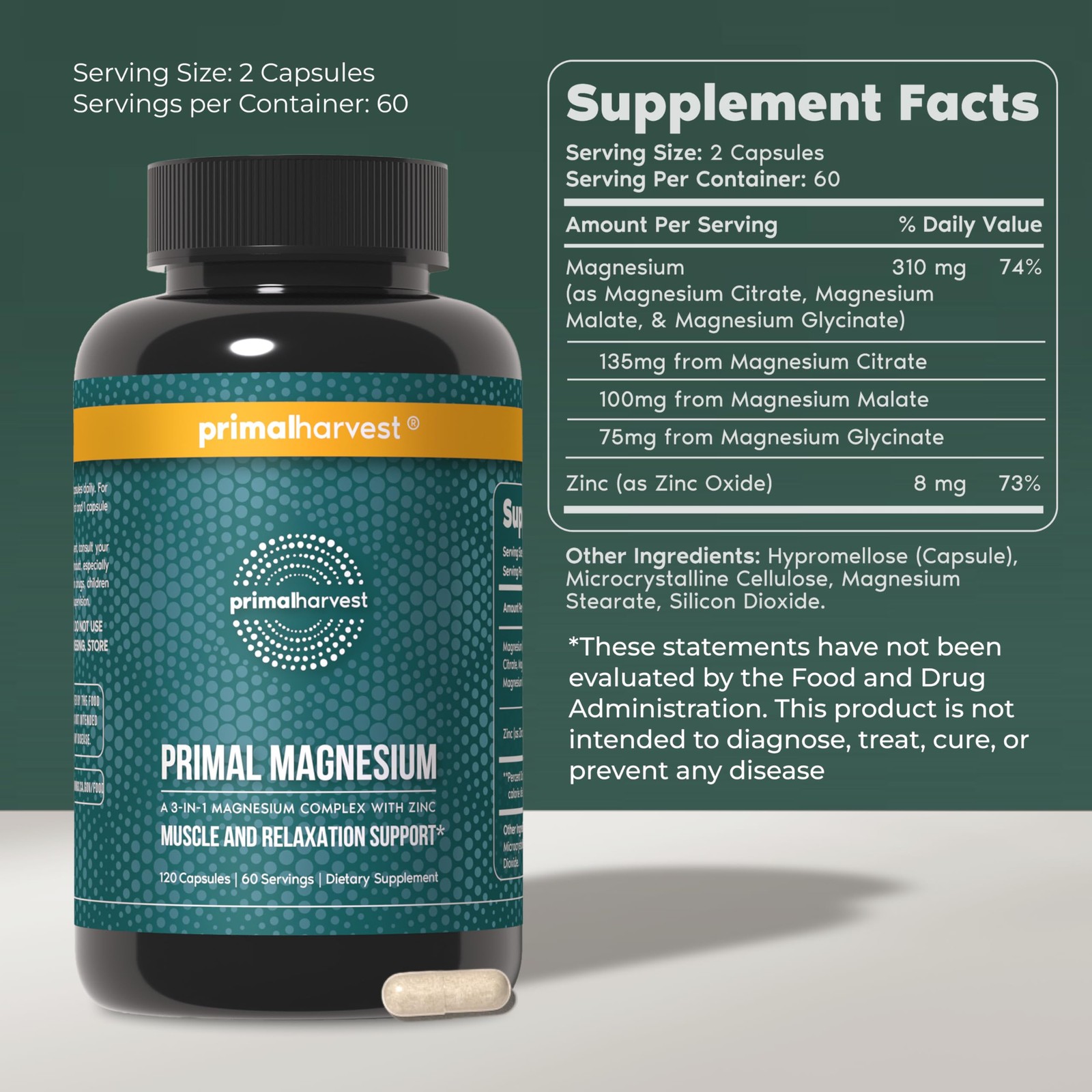 Magnesium Supplement Complex 310mg by Primal Harvest with Magnesium Glycinate