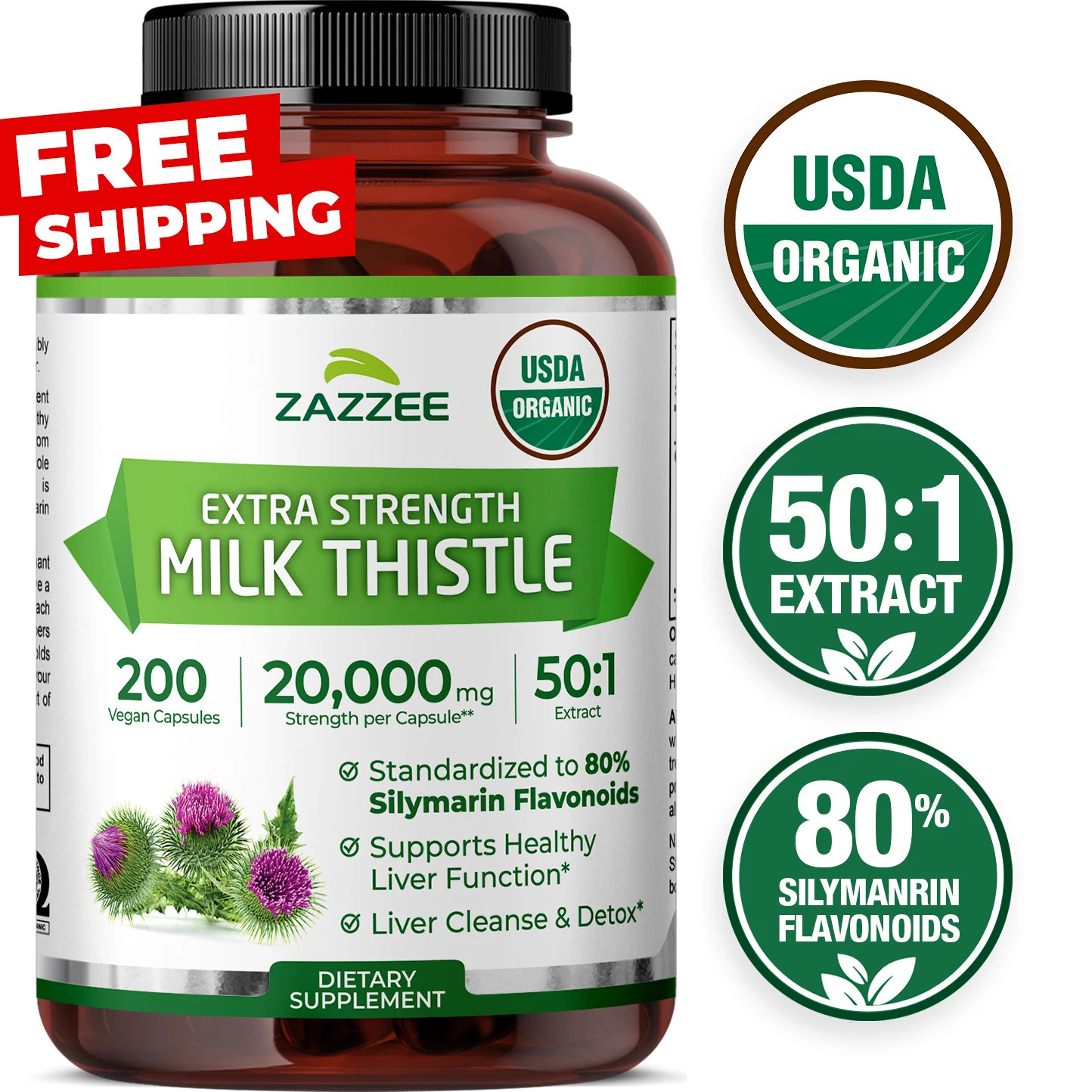 Zazee Organic Milk Thistle Extract 20,000mg Strenth 200, Vegan Capsules